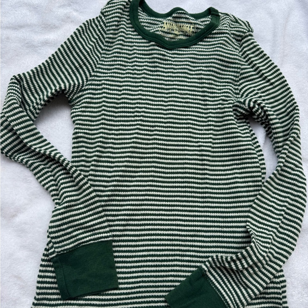 American Eagle Green and White Striped Long Sleeve